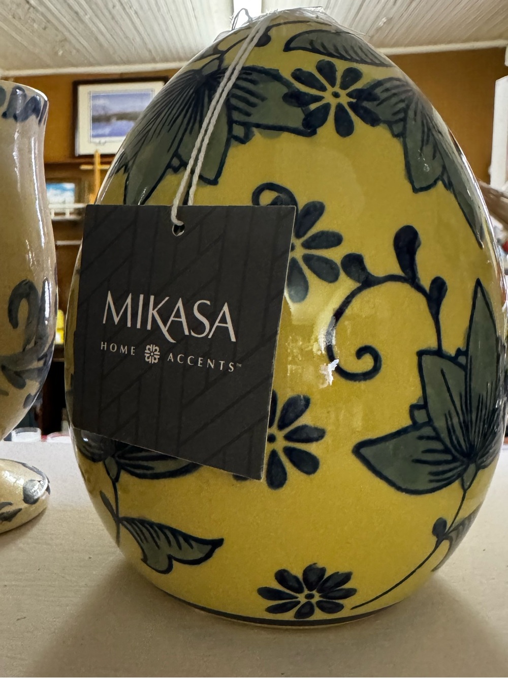 Mikasa Yellow Ceramic Egg with Blue Floral Motif